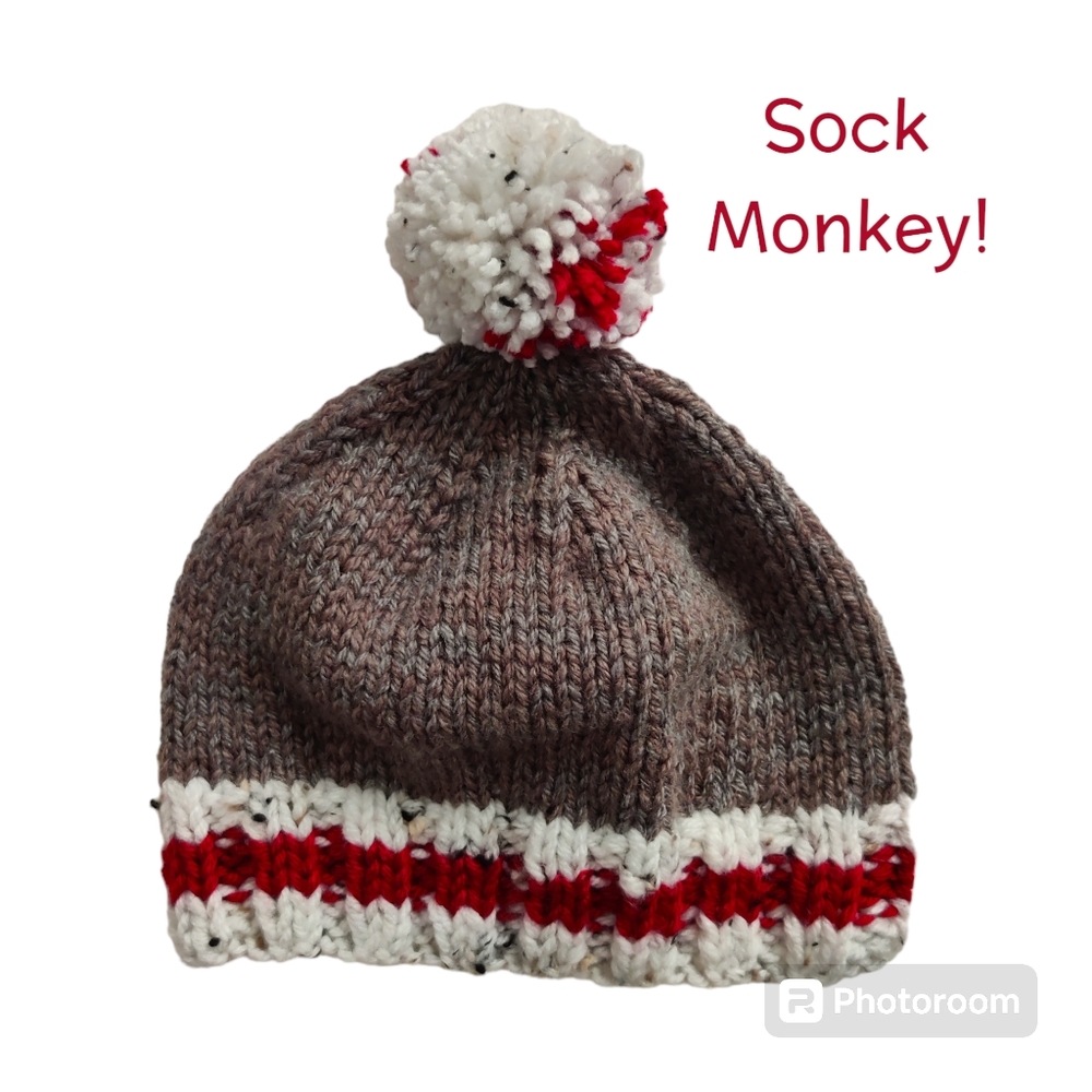 Kids Hand Knit Sock Monkey Beanie hat